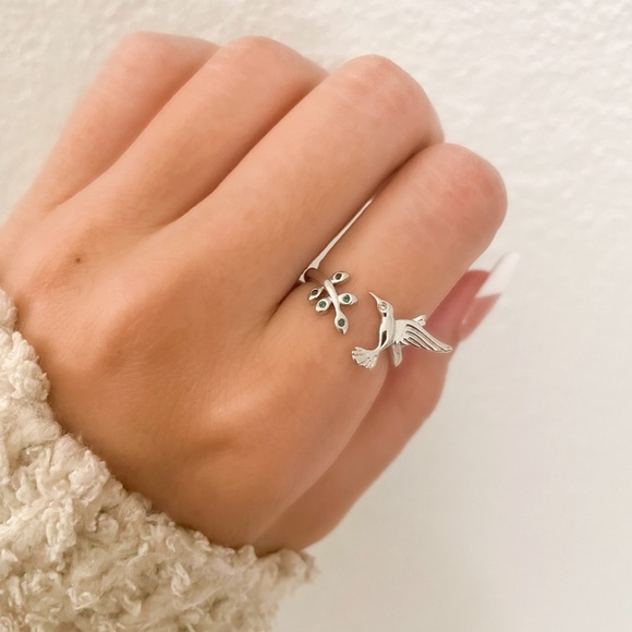 925 Sterling Silver Hummingbird Ring Bird Ring Tree Branch Ring Leaf Ring - Picture 3 of 9